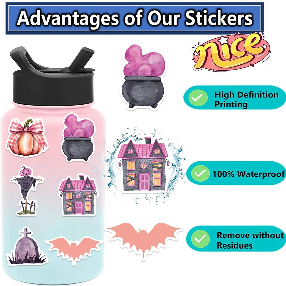 50PCS Kawaii Pink Halloween Ghost Skull Pumpkin Stickers Notebook Guitar Skateboard Waterproof Cute Decorative Sticker Toy - Charlie Dolly