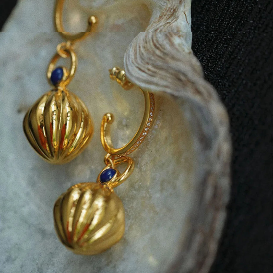Nutmeg series original design retro artistic lapis lazuli earings long Ancient gold crafts glossy earrings for women jewelry - Charlie Dolly