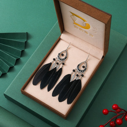 Vintage Long Water Drop Feather Earrings for Women Elegant Insert Rhinestone Crystal Bead Leaf Tassel Earring Female Jewelry