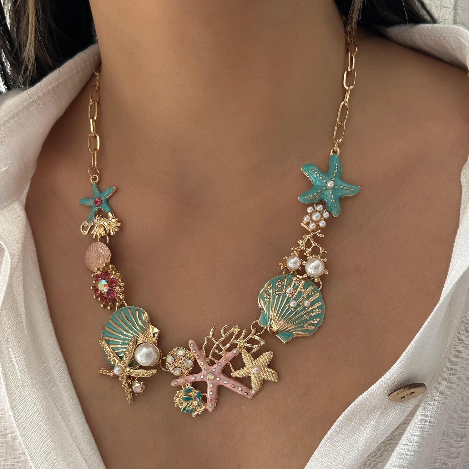 Exaggerated Metal Starfish Shell Pearl Necklace Earring for Women Boho Ocean Coral Scallop Pendant OT Clasp Bracelet Jewelry