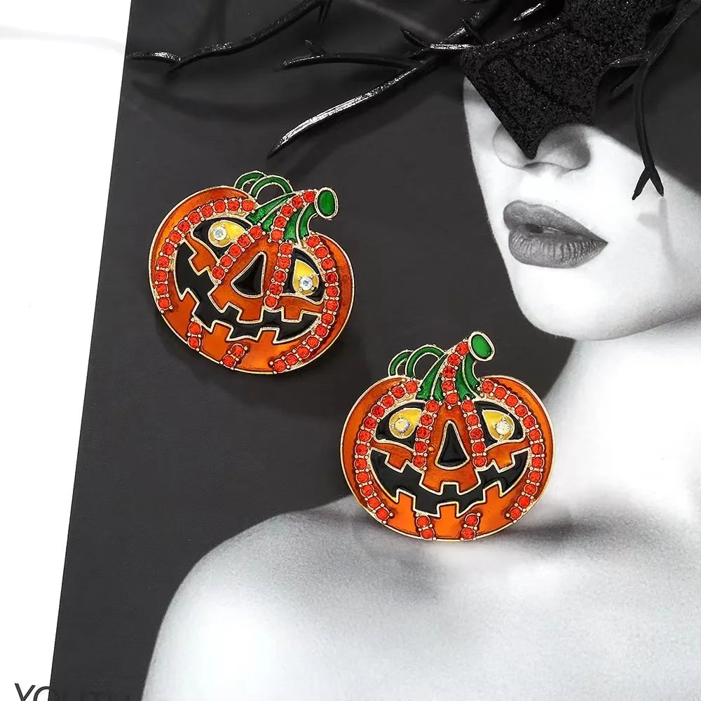 Exaggerated Colored Rhinestone Pumpkin Earrings Personality Creativity Retro Halloween Female Earrings - Charlie Dolly