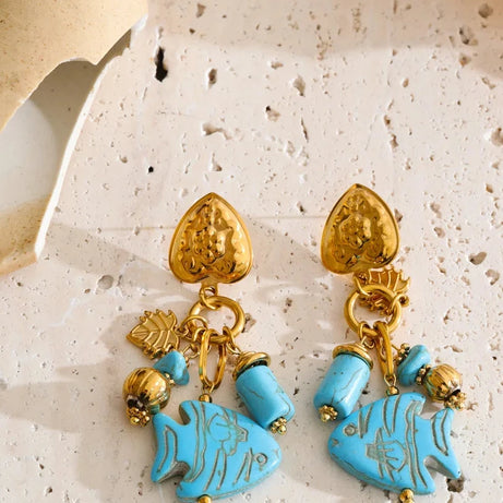 Blue Stone Fish Drop Earrings, 18K Gold Ocean Summer Stainless Steel Jewelry