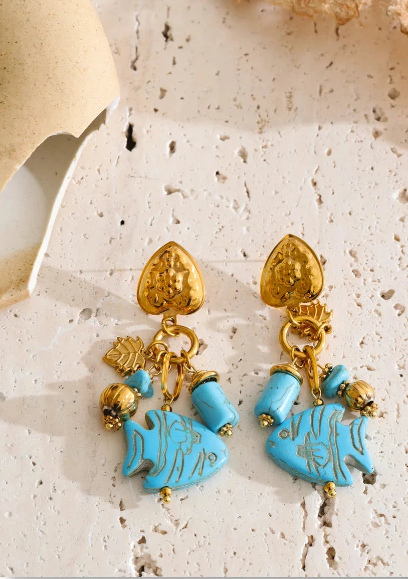 Blue Stone Fish Drop Earrings, 18K Gold Ocean Summer Stainless Steel Jewelry