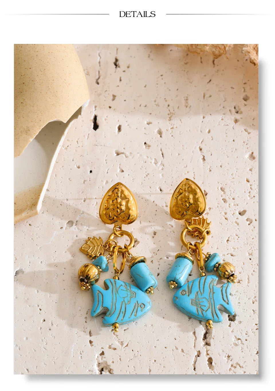 Yhpup Ocean Series Stainless Steel Blue Natural Stone Fish Drop Charm Earrings 18K Gold Color PVD Plated Summer Women Jewelry