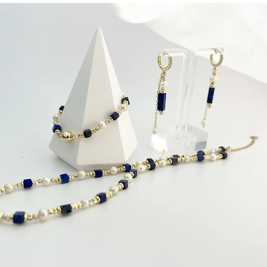 Natural Freshwater Pearl Necklace 4X4 lapis lazuli Bracelet Earring Plated 14K Gold Accessories - Charlie Dolly