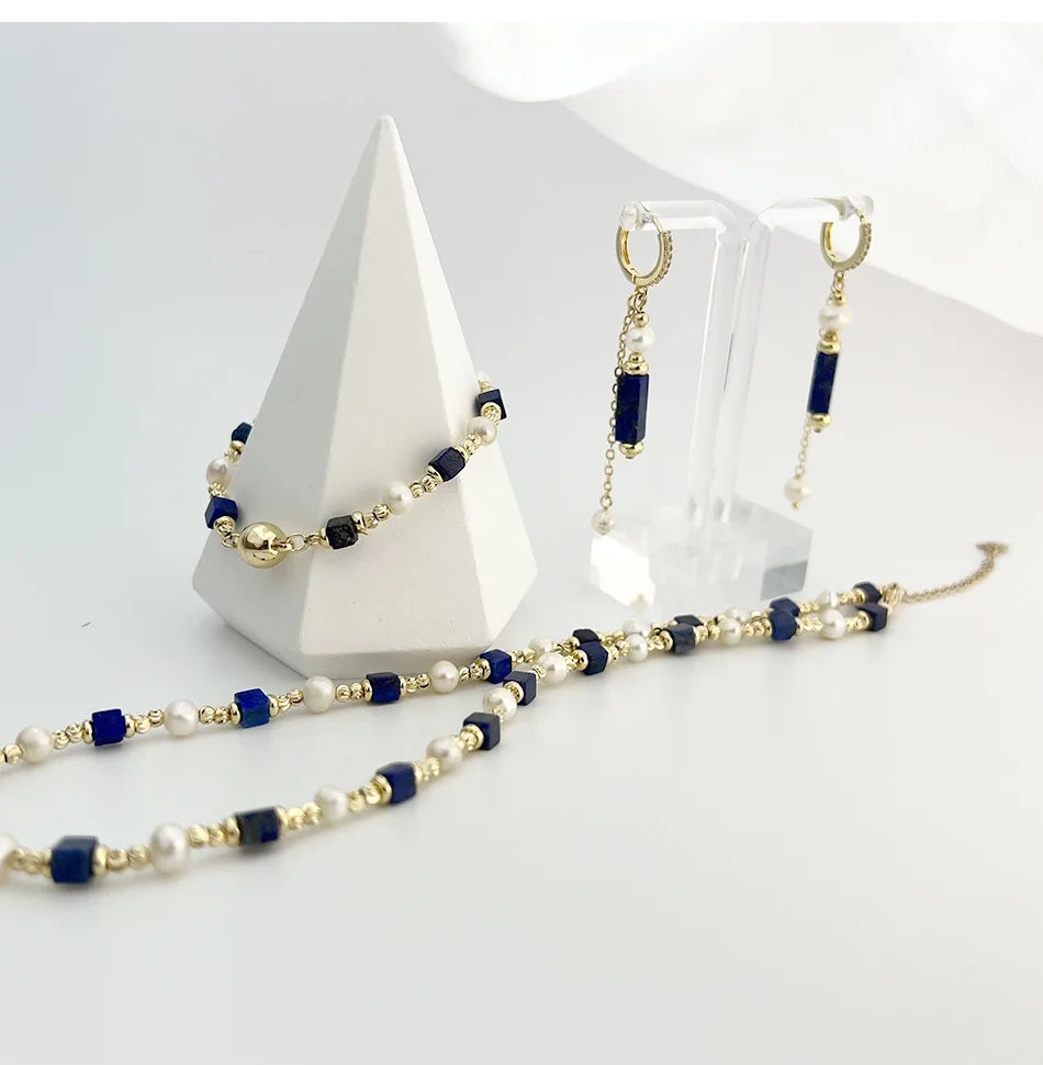 Natural Freshwater Pearl Necklace 4X4 lapis lazuli Bracelet Earring Plated 14K Gold Accessories