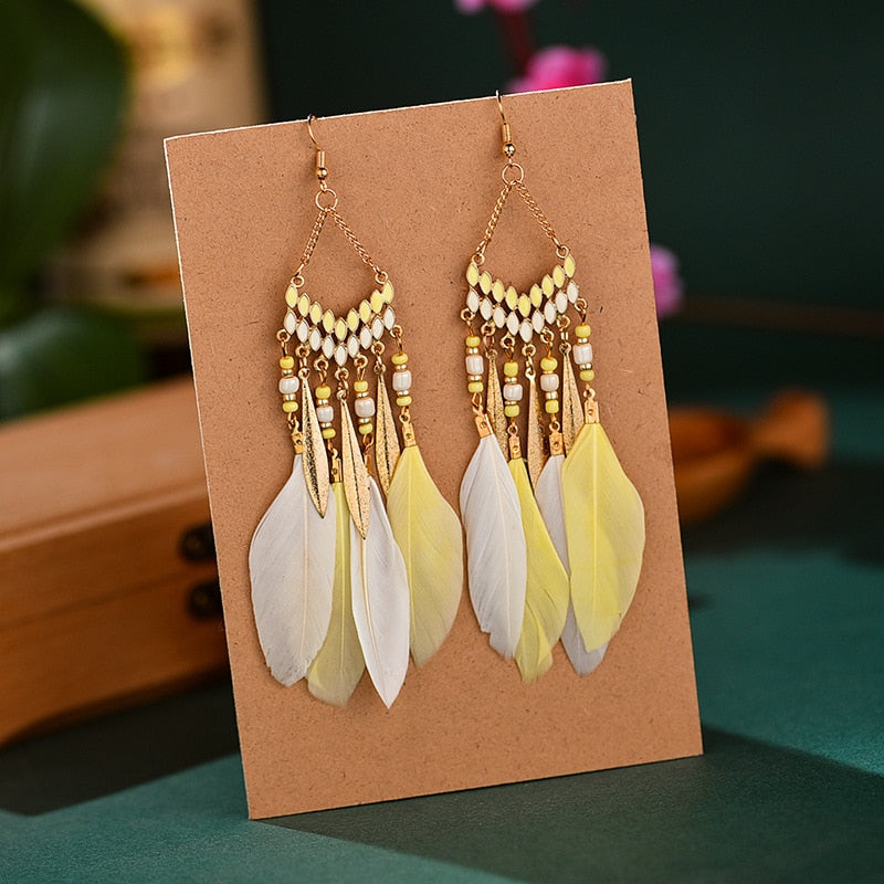 Bohemian Ethnic Feather Women&#39;s Earrings Long Drop Dangle Wedding Jewelry Indian Gold Color Handmade Beaded Earrings Pendientes - Charlie Dolly