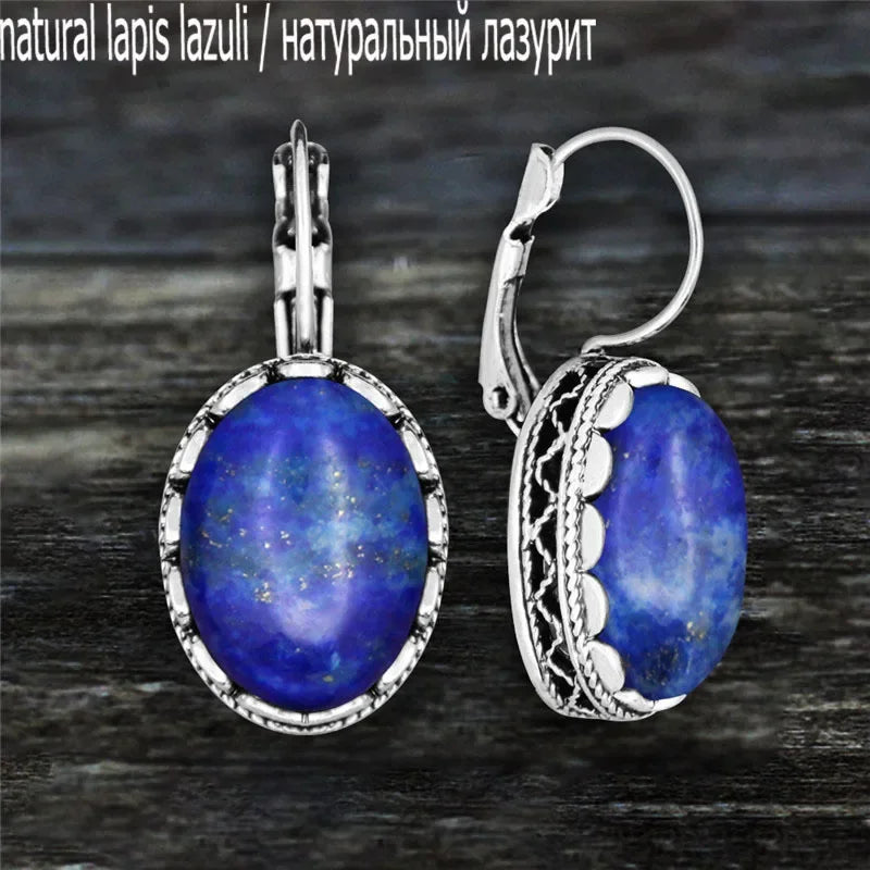 Oval Amethysts Earrings For Women Tibetan Silver Natural Stone Rose Quartz Lapis Lazuli Tiger Eye Fashion Earring