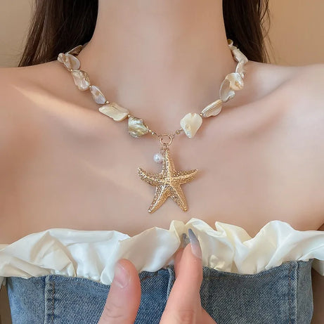 Irregular Shell, Starfish and Pearl Tassel Necklace and Earring Set