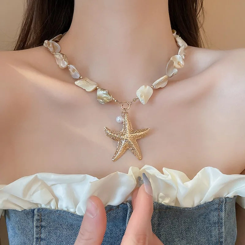 Boho Irregular Shells Tassel Earring Imitation Pearl Starfish Pendant Necklace Beach Vacation Style Fashion Women's Jewelry SetB