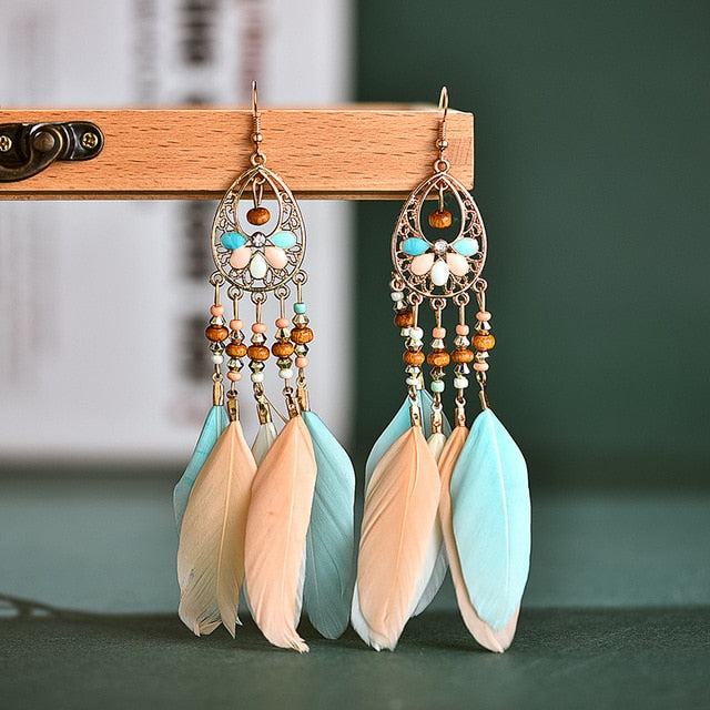 Fashion Earrings Bohemian Ethnic Style Leaf Earrings Jewelry Retro Long Tassel Colorful Feather Earrings Jewelry Gift - Charlie Dolly