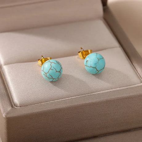 1 Pair Natural Stone Stud Earrings For Women Men Round Turquoises Tiger Eye Lapis Lazuli Beads Earring Fashion Jewelry Gift - Charlie Dolly