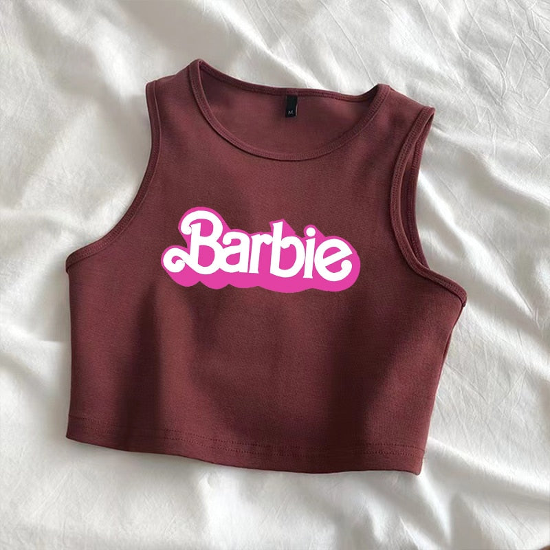 Sexy Barbie Ladies Sleeveless Crop Top Kawaii Cartoon Casual Girls Camisole T-Shirts Vest Y2K Fashion Women Slim Short Tank Tops