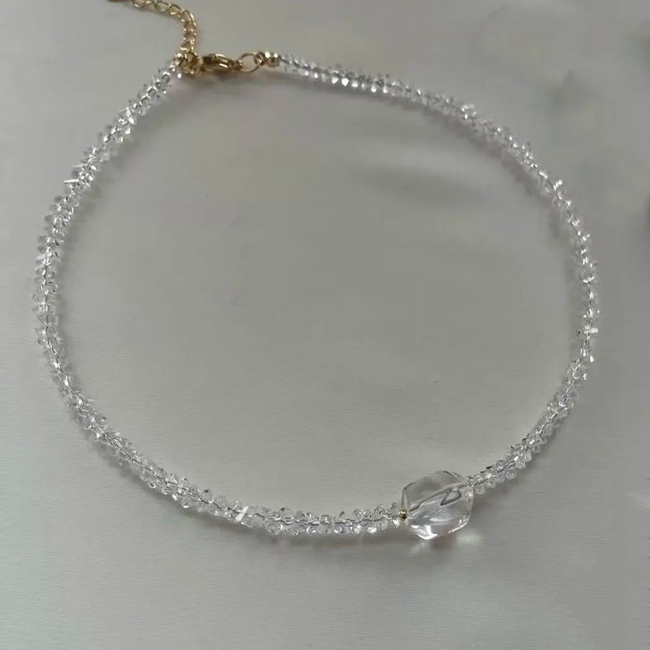 Transparent Crystal and Pearl Tassel Chain Pendant Necklace