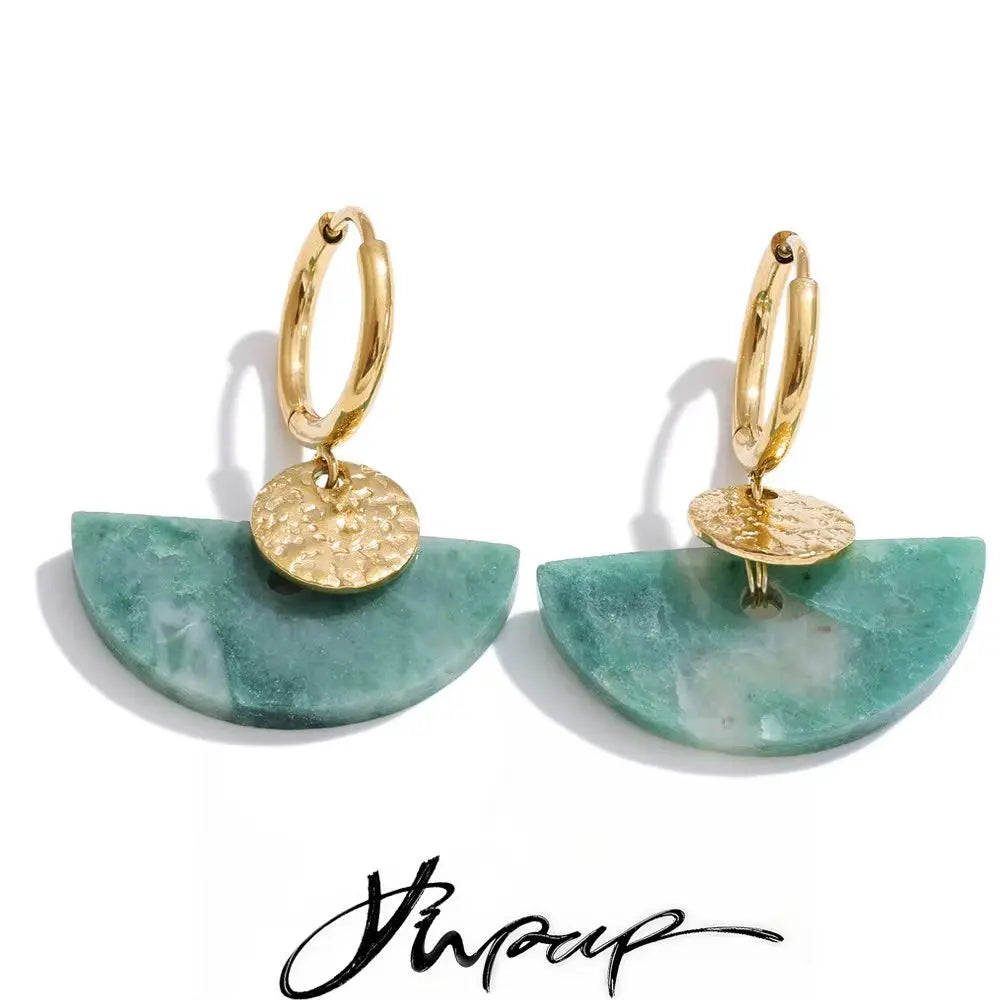 Yhpup Stainless Steel Fan French Drop Hoop Earrings High Quality Natural Tiger Agate Stone 2026 New Arrivals Daily Jewelry Gift