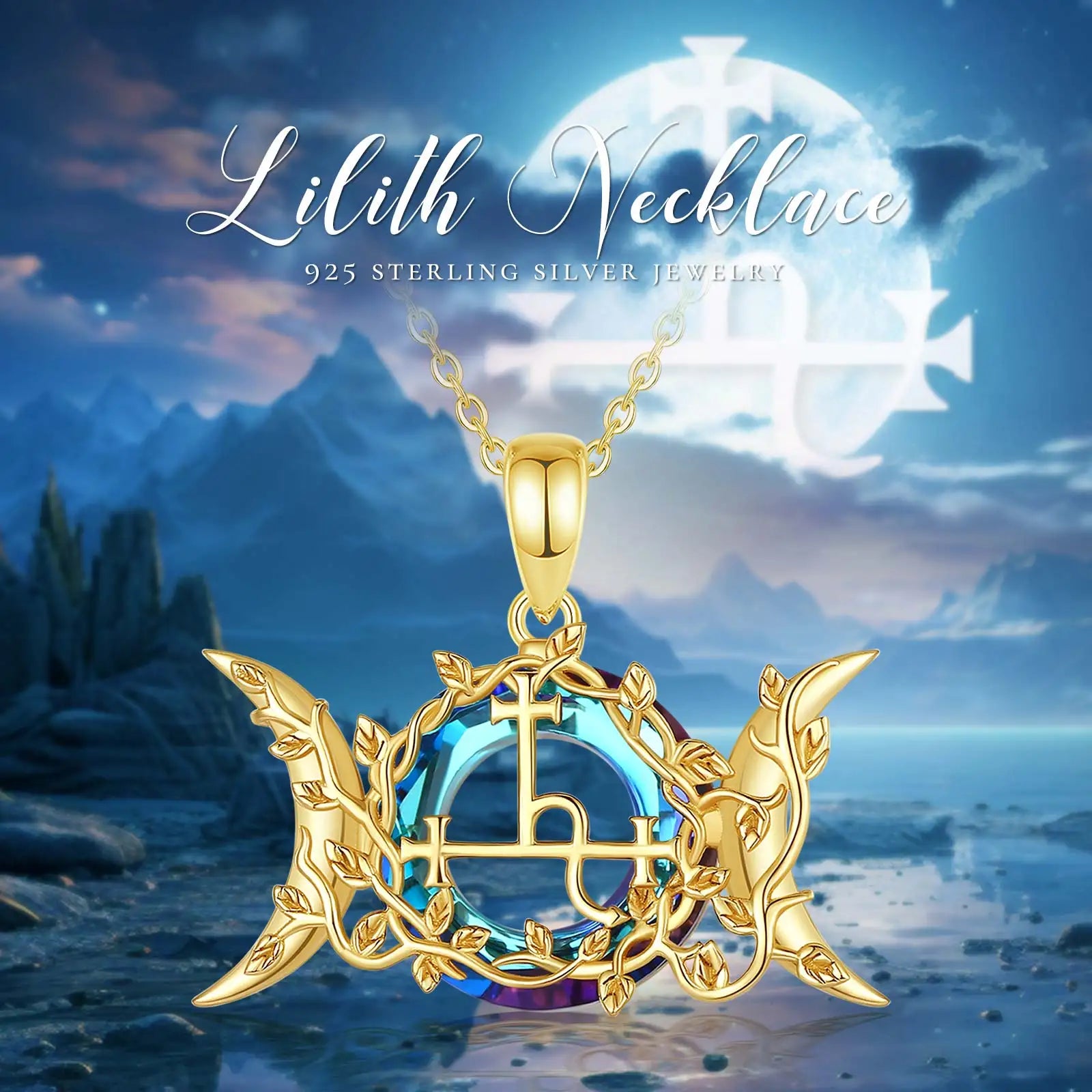 Eudora 925 Sterling Silver Lilith Sigil Necklace 18K Gold Triple Moon Goddess Amulet Pendant Austrian Crystal Wicca Jewelry Gift