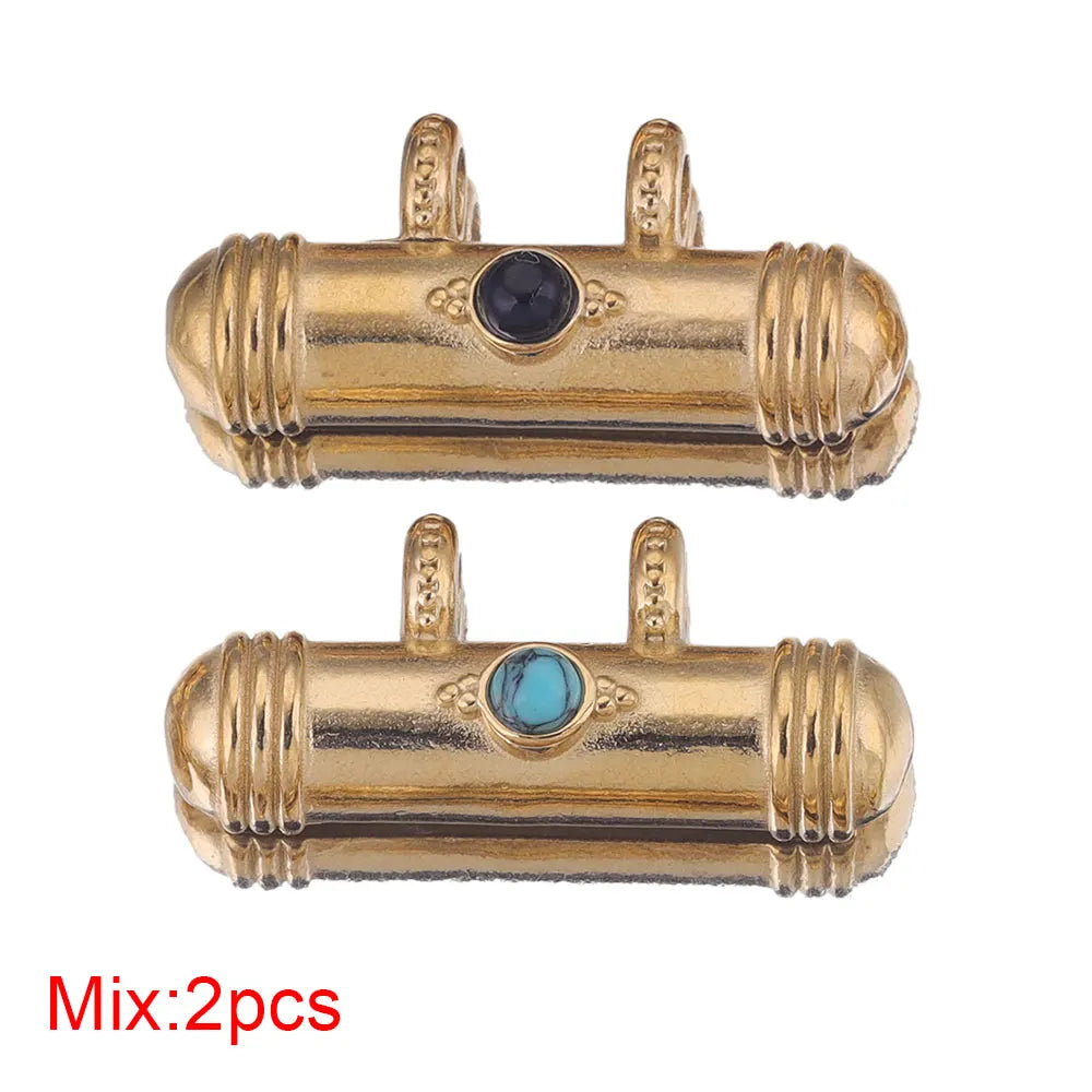 2pcs Stainless Steel Natural Stone Boho Plated Gold Tube Beads Charms Pendant DIY Bracelet Necklace Jewelry Making Metal