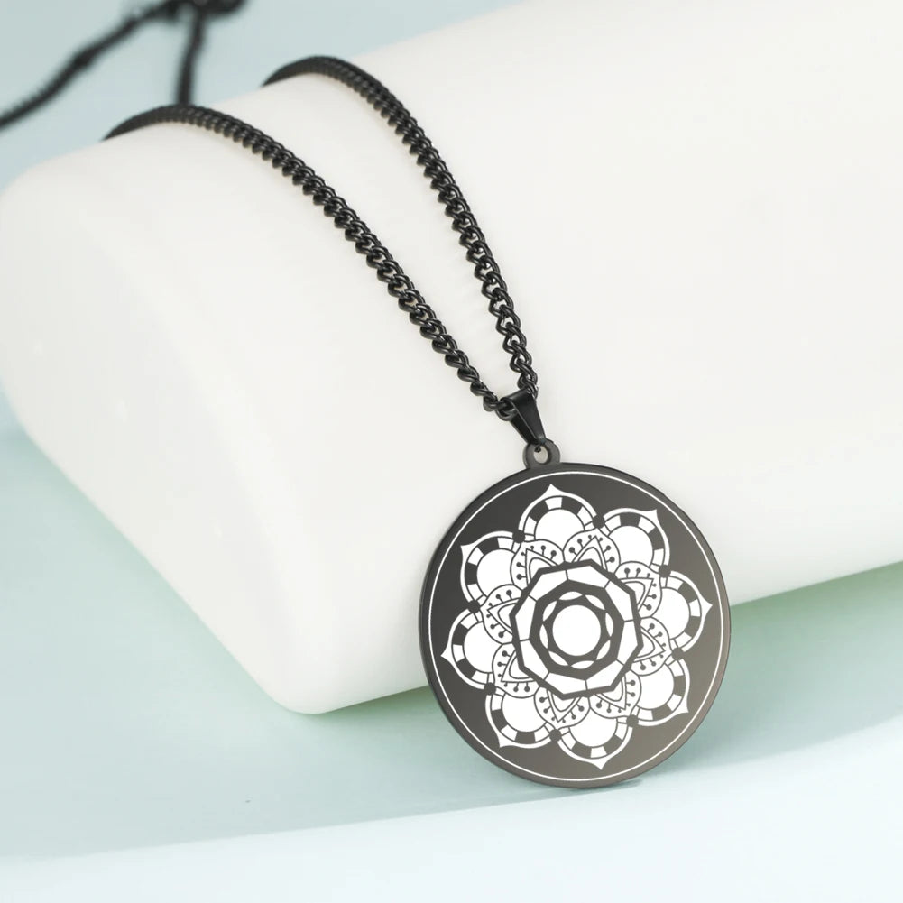 LIKGREAT Lotus Flower Chakra Mandala Pendant Necklace Stainless Steel Women Men Buddhism Hinduism Meditation Spiritual Jewelry