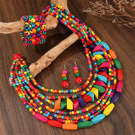 Multilayer Wood Bead Necklace Earring Set Jewelry