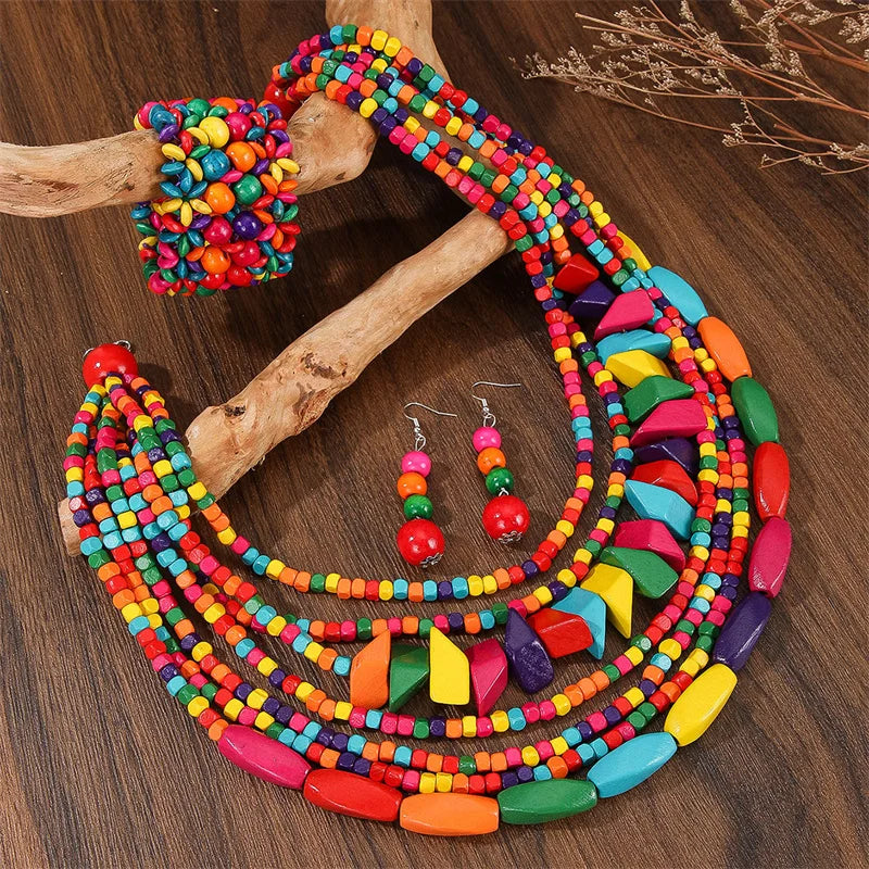Boho Multilayer Big Colorful Wood Jewelry Set Geometry Necklace Earrings Sets Nigerian Wedding Indian Africal Beads Jewelry Gift