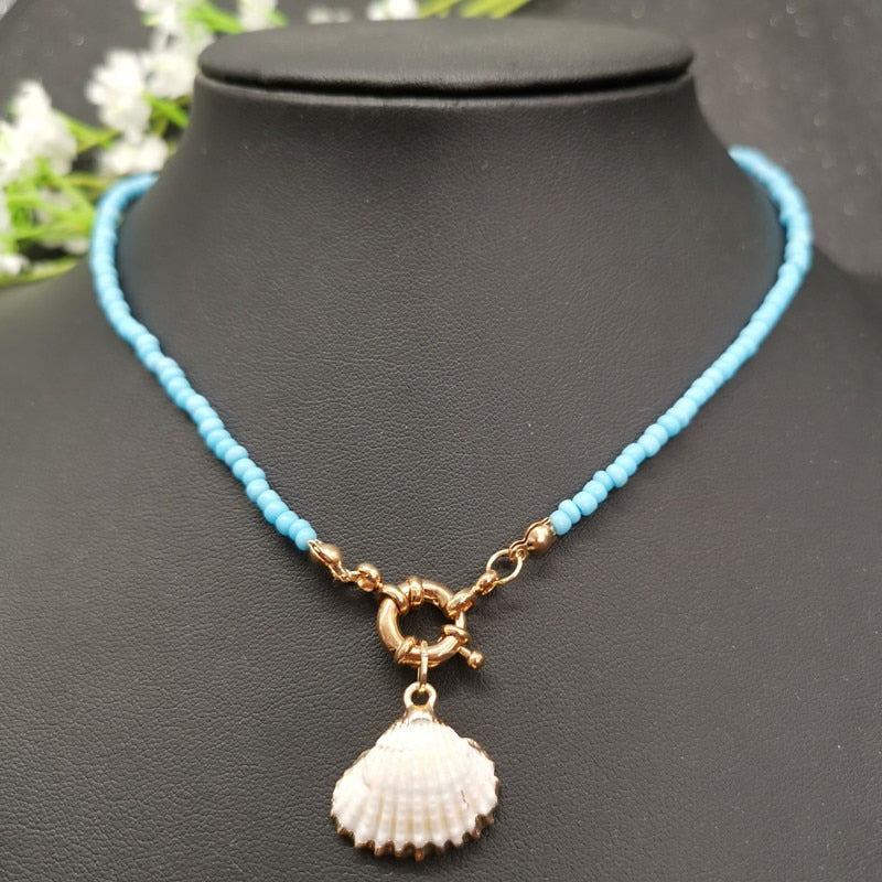 New Bohemian Colorful White Blue Beads Strand Choker Necklaces For Women Fashion Natural Shell Cowrie Pendant Necklace Jewelry - Charlie Dolly