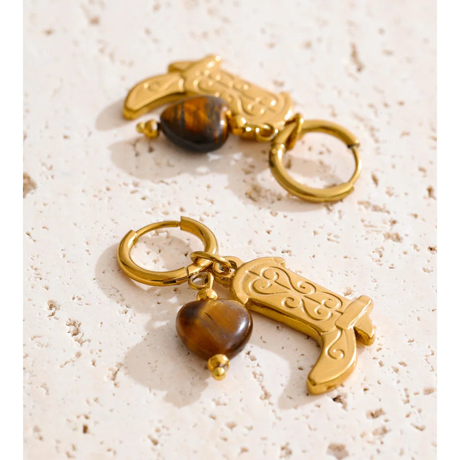 Natural Tiger Stone Boot Charm Drop Hoop Earrings, Stainless Steel Vintage Jewelry