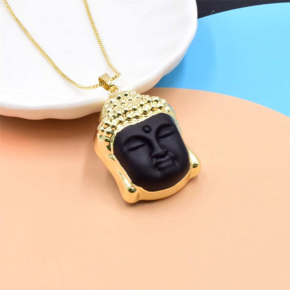 Religious Chinese Style Beliefs Buddhist Buddha Head Pendant Necklace Obsidian Buddha Copper Gold-plated Box Chain Necklace