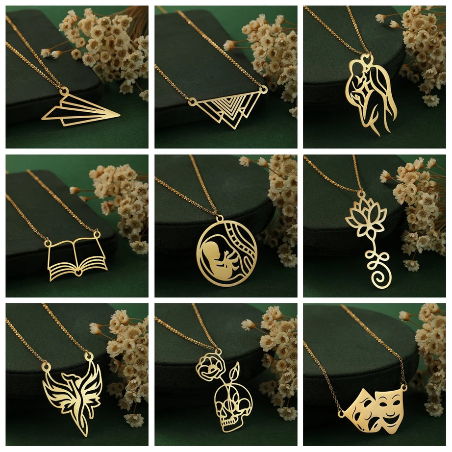 Dainty Lotus, Books, Phoenix & Comedy Tragedy Mask Pendant Necklace, Symbolic Choker Set