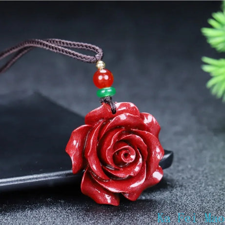 Cinnabar Jade Rose Flower Pendant, Chinese Healing Luck Amulet