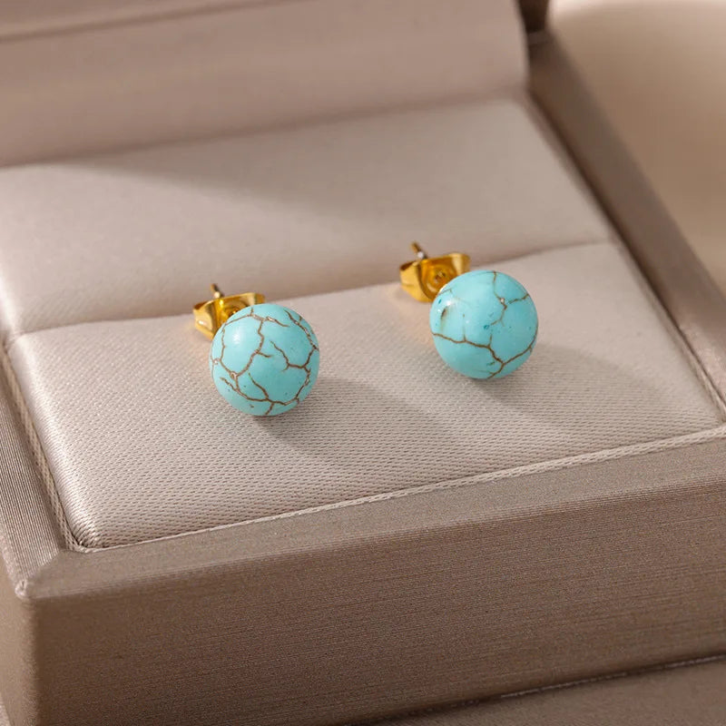 1 Pair Natural Stone Stud Earrings For Women Men Round Turquoises Tiger Eye Lapis Lazuli Beads Earring Fashion Jewelry Gift