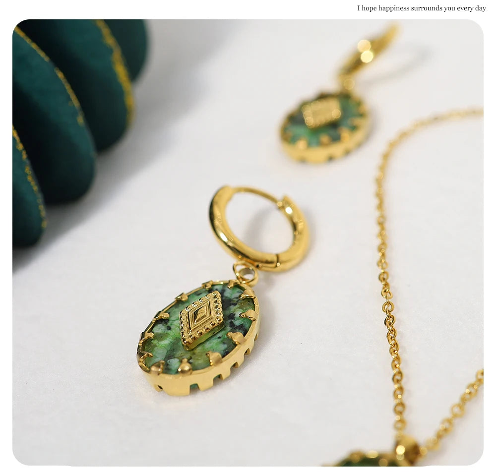 WILD & FREE Vintage Natural Stone Pendant Necklace for Women Luxury African Turquoise Drop Earrings Trendy Jewelry Set Gifts