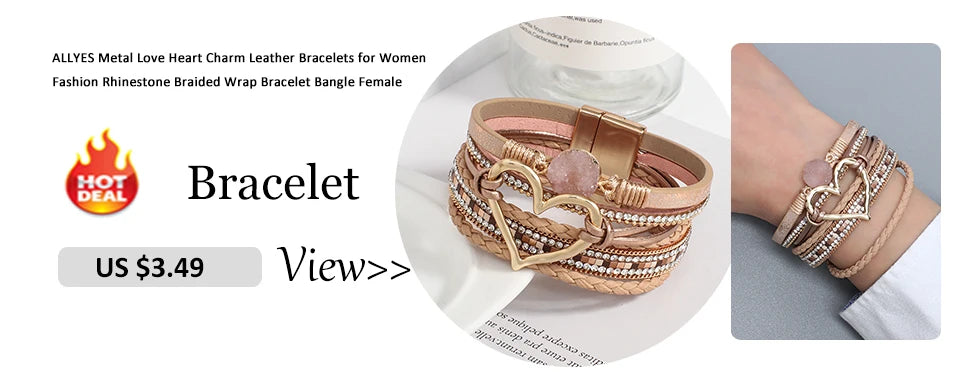 ALLYES Vintage Natural Stone Heart Braided Leather Bracelet for Women Boho Multilayer Wrap Wide Bangle Bracelets Jewelry Gifts