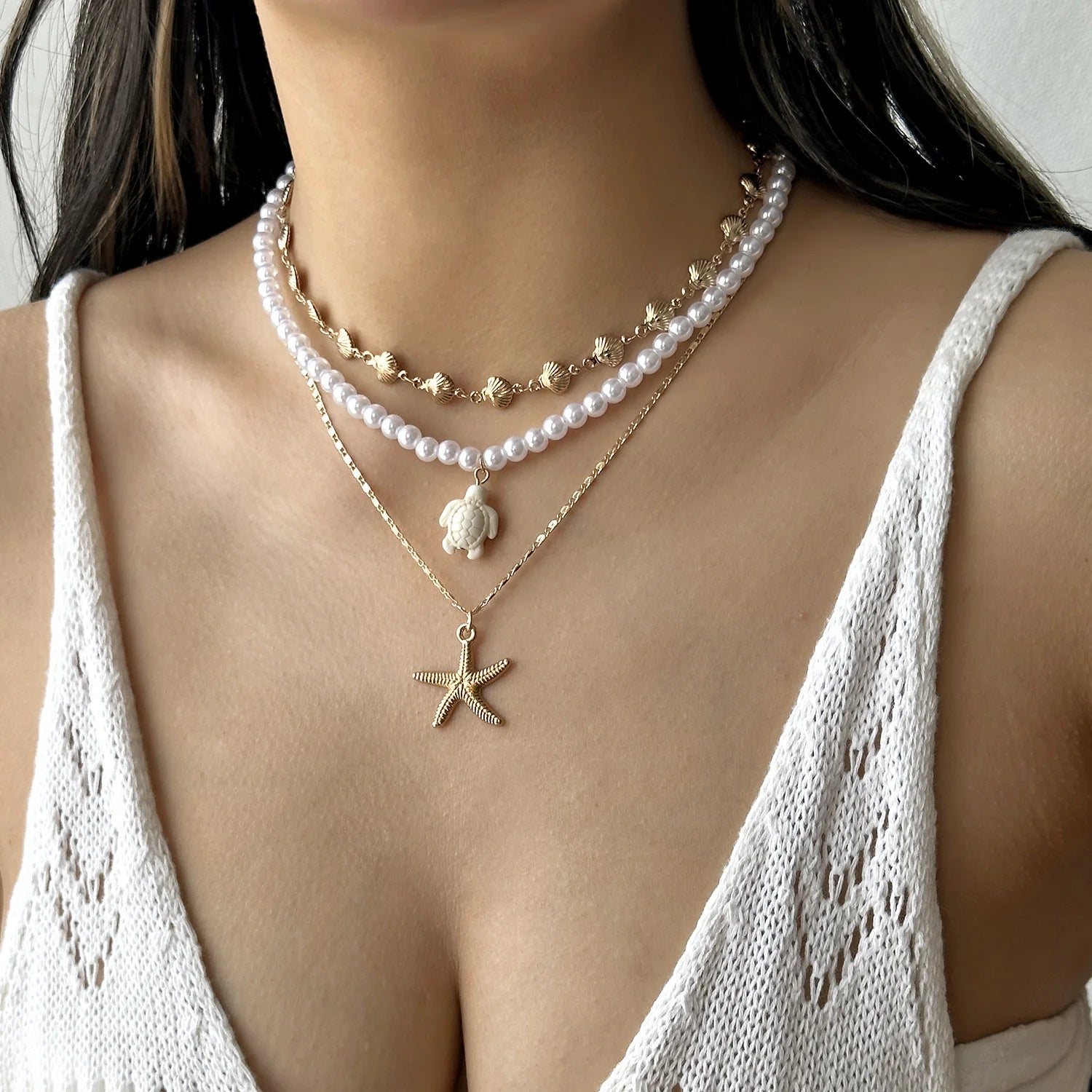 Boho Beach Style Long Y Drop Chain Necklace For Women Cute Sea Turtle Dolphin Starfish Shell Pendant Choker Summer Party Jewelry