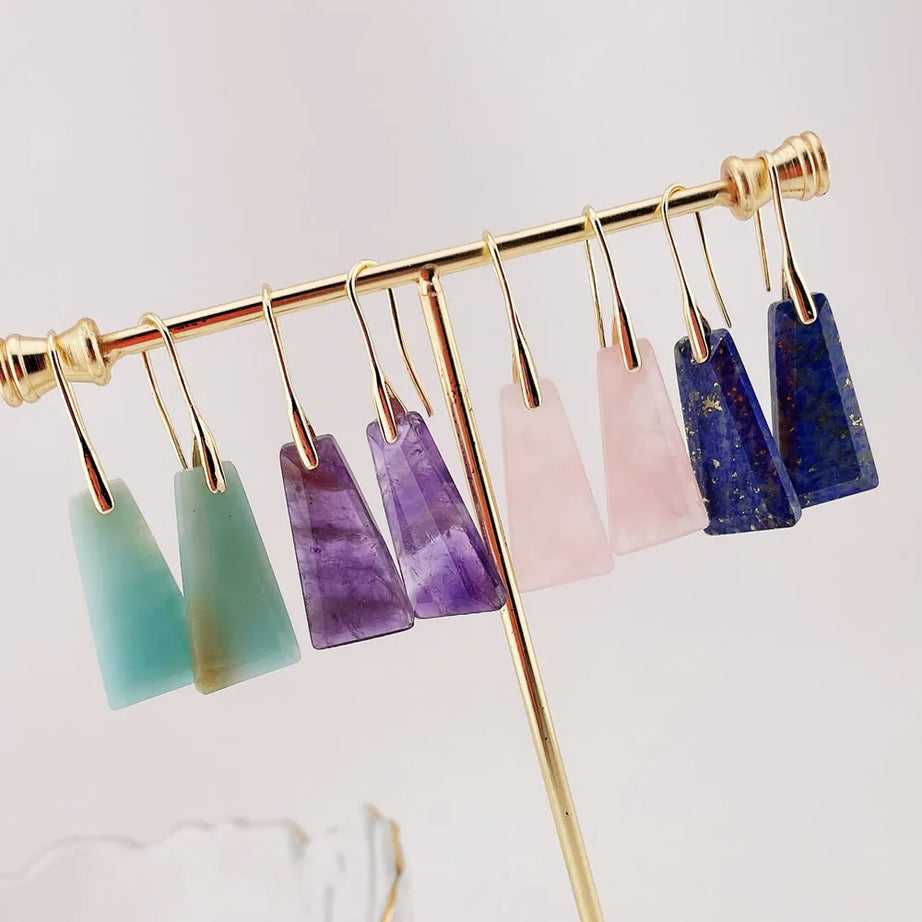 Natural Crystal Geometric Drop Earrings, Amethyst Rose Quartz Healing Tassel Jewelry