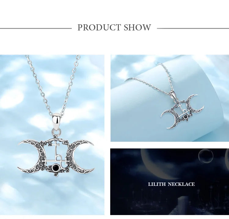 Eudora 925 Sterling Silver Lilith Sigil Necklace Vintage Triple Moon Goddess Amulet Pendant Personality Jewelry Party Gift
