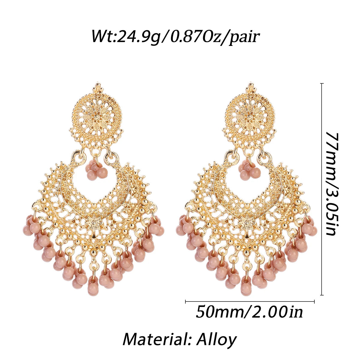 Boho Gold Color Heart Shape Carved Flower Dangle Earrings for Women Indian Jhumka Earrings Retro Pink Beads Tassel Jewelry 2023