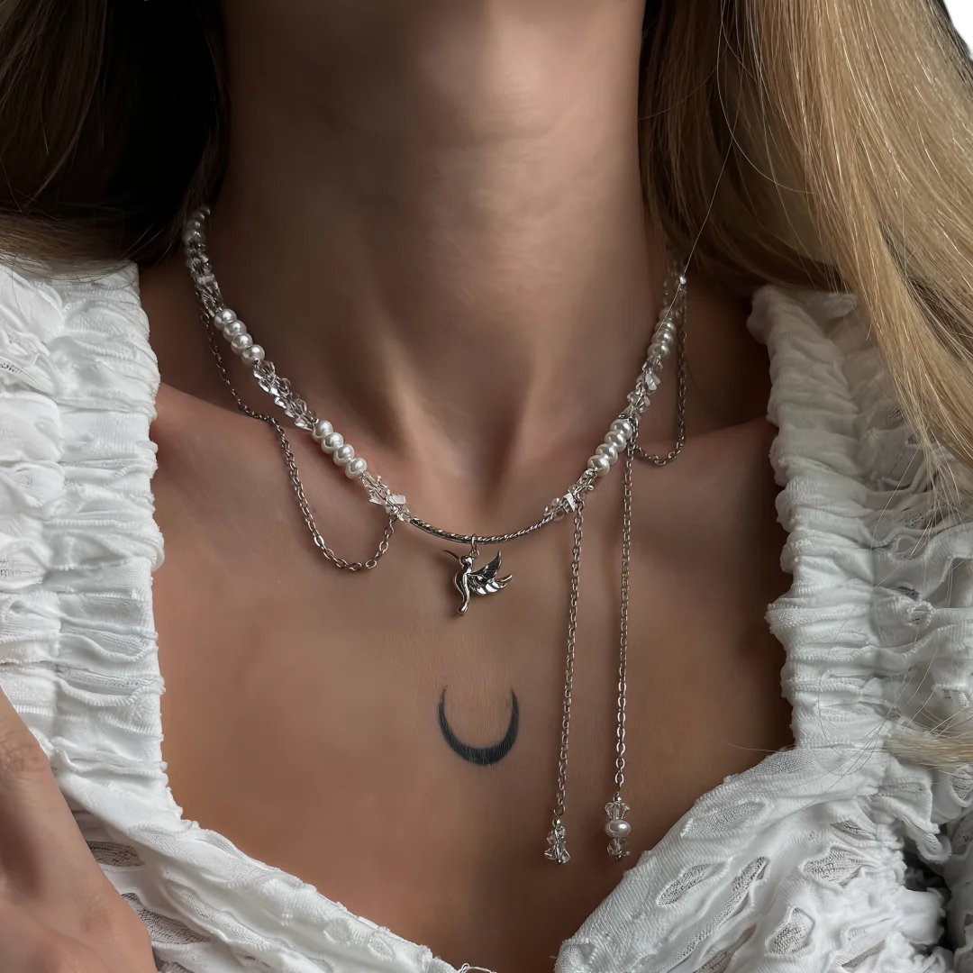 Bird and Heart Pendant Tassel Chain Necklace Jewelry
