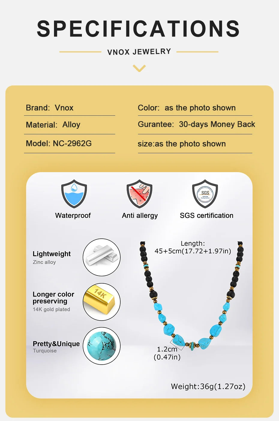 Vnox Natural Stone Beaded Necklace for Men Women, Black Onyx Turquoise 45-50cm Adjustable Chain Boho Trendy Jewelry Gifts Unisex