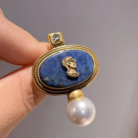 Vintage Lapis Lazuli Head Oval Stud Earring For Woman Accessories Pearl Gold Color Luxury Jewelry Designers Brand Thanksgiving - Charlie Dolly