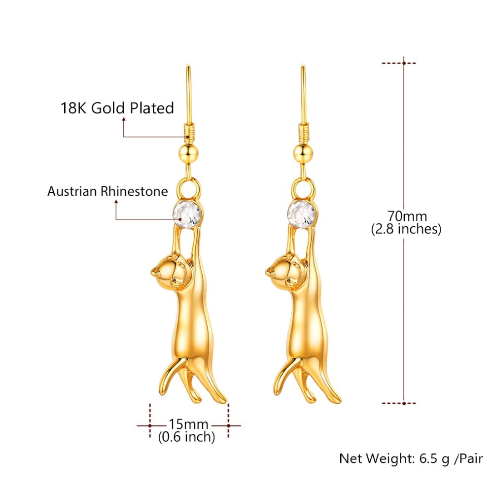 U7 Cat Dangle Earrings For Women Girls Rhinestone Jewelry Best Gift for Cat Person Cute Pet Animal Hook Earring E374 - Charlie Dolly