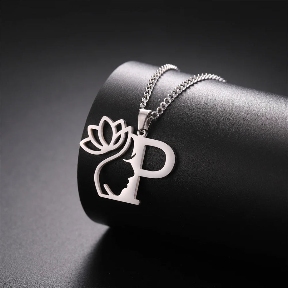 Lotus Flower Initial Letter Pendant, Personalized Stainless Steel Necklace