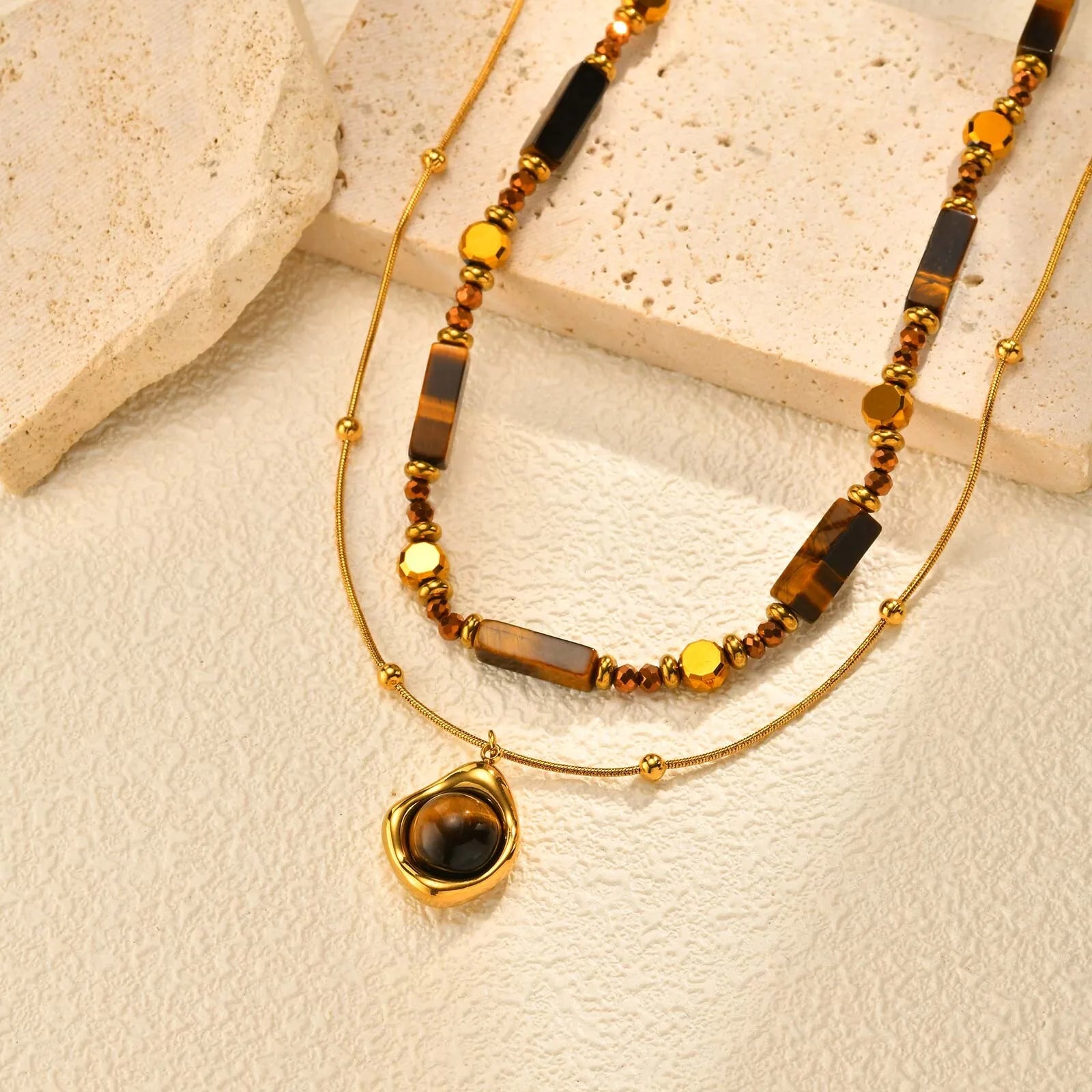 Natural Tiger Eye Necklace for Women, Boho Beaded Pendant Layered Collarbone Chain with Irregular Stone Jewelry
