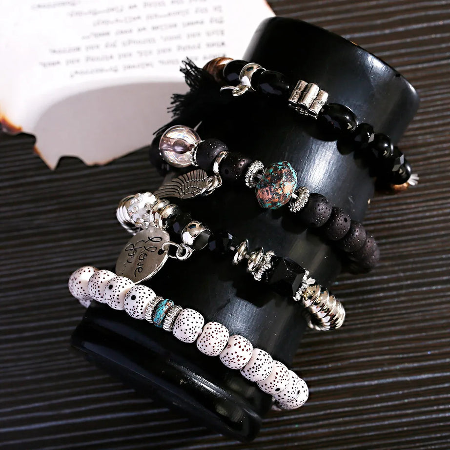New Bohemian White Beads Tassel Bracelets Set Women Natural Lava Stone Alloy Wing Pendant Charm Bangle Boho Jewelry - Charlie Dolly
