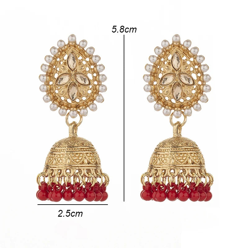 Vintage Waterdrop Design Inlaid Pearl Rhinestone Indian Earrings for Women Ethnic Boho Carved Small Bell Earrings Jhumka Jewelry