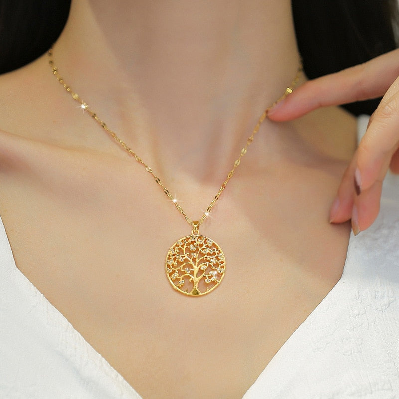 Luxury Tree of Life Zircon Necklace for Women Gold-plated Charm Big Tree Stainless Steel Pendant Jewelry Lucky Accessories Gift