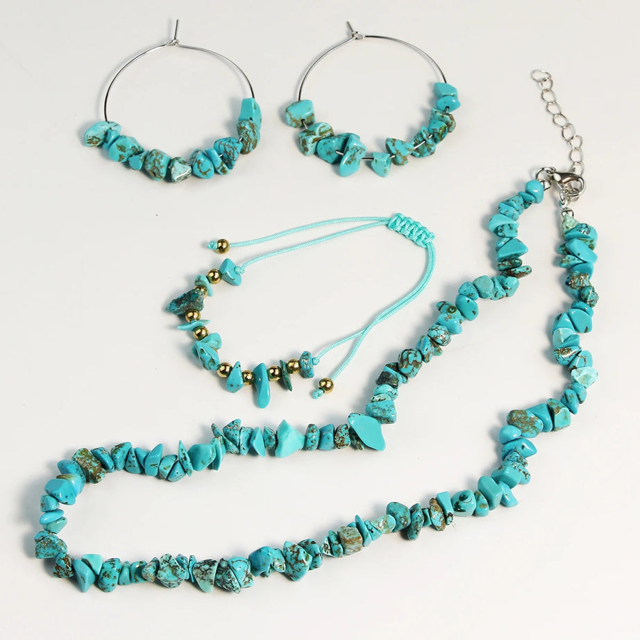 3PCS Natural Stone Turquoise Crushed Stone Necklace Bracelet Earrings Set Boho Unisex Fashion Summer Seaside Vacation Jewelry - Charlie Dolly