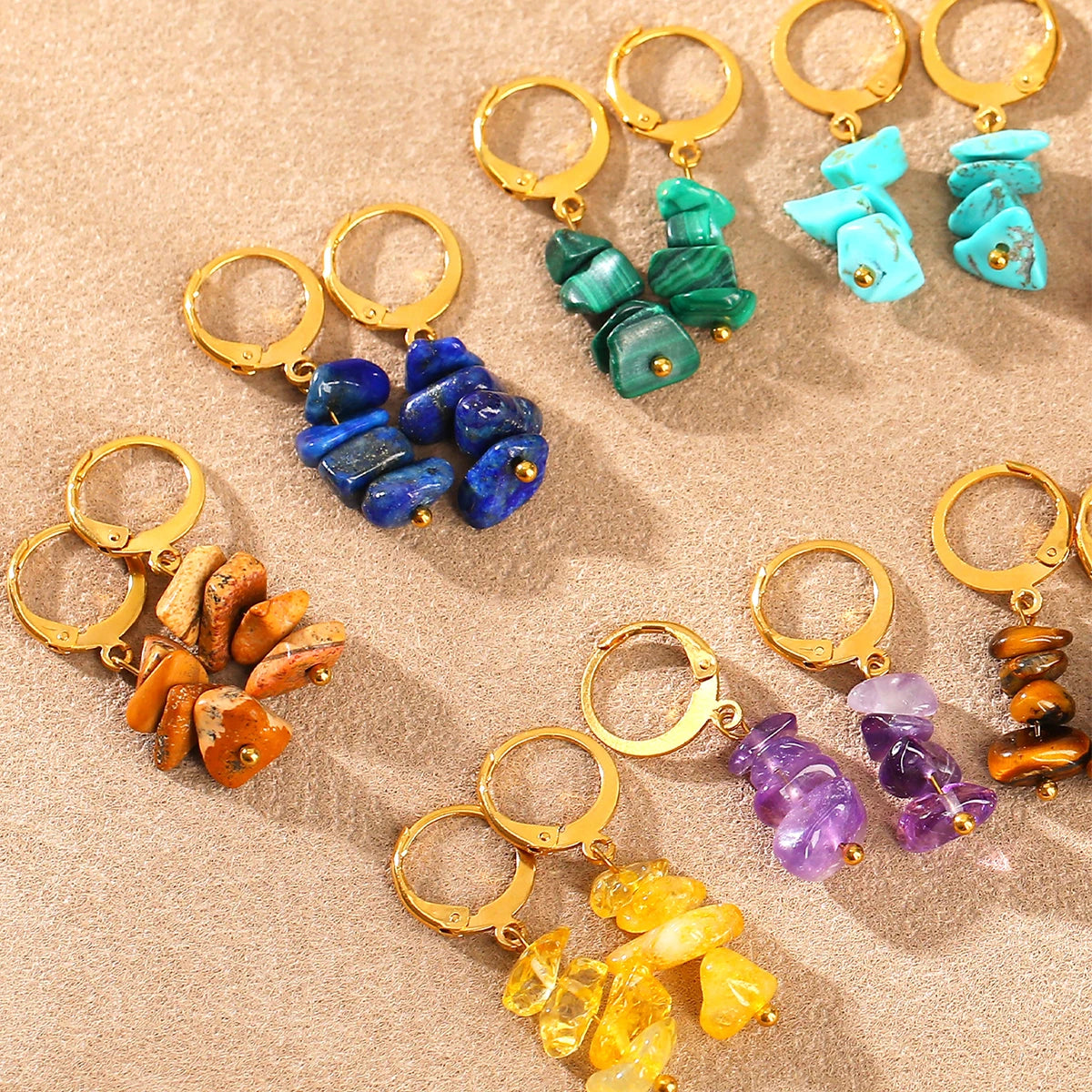 JD Bohemia Natural Stone Gravel Pendant Golden Hoop Earrings Women Raw Amethyst Chips Charms Dangle Reiki Healing Earring Gift