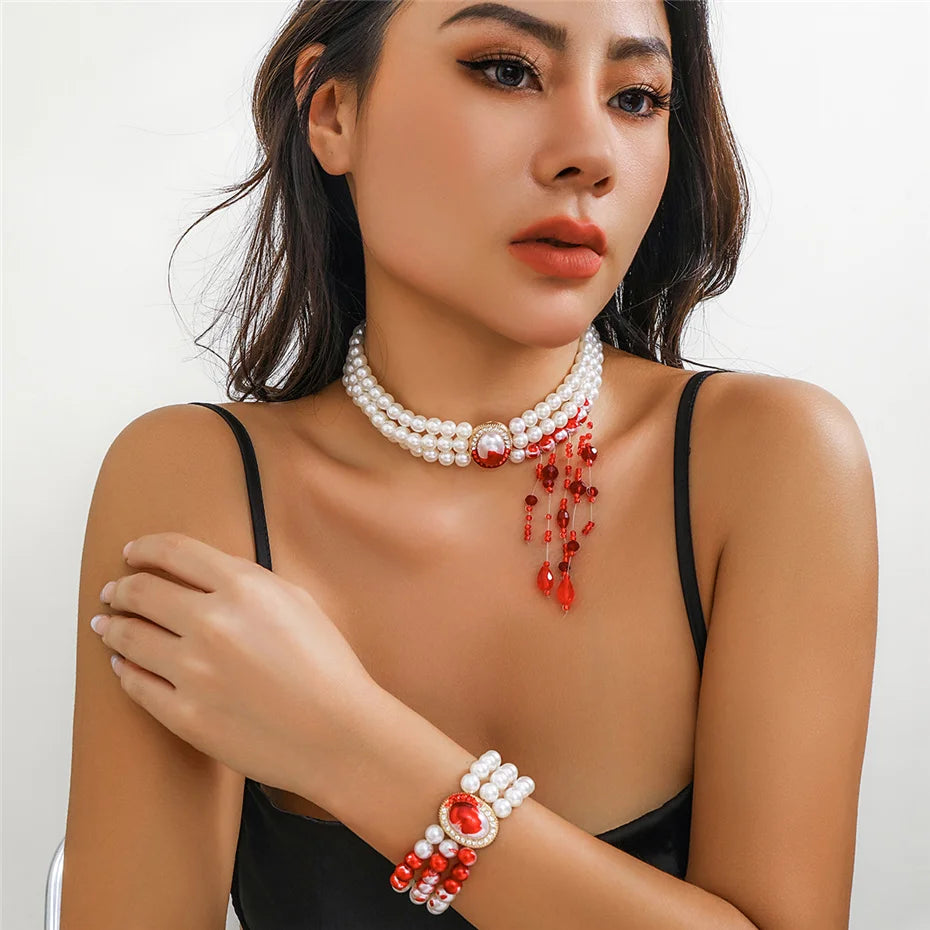 Goth Creative Red Blood Pattern Imitation Pearl Chain Necklace for Women Punk Long Tassel Beads Pendant Halloween Wed Jewelry - Charlie Dolly