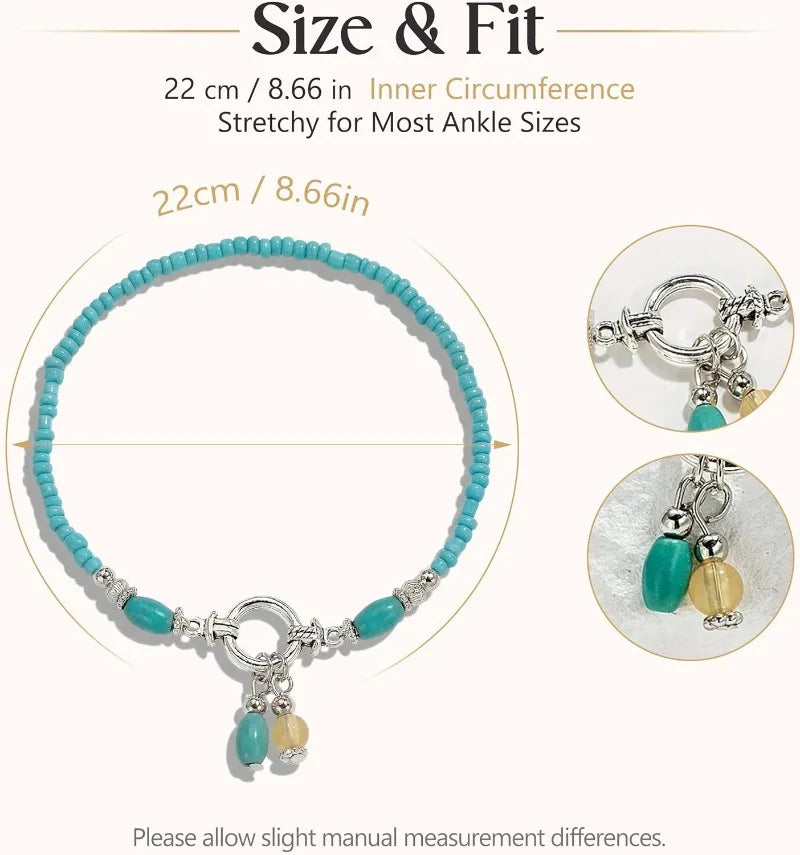 Turquoise Beaded Ankle Bracelets for Women Teen Girls, Trendy Boho Shell Anklet Adjustable Hawaiian Summer Beach Foot Jewelry