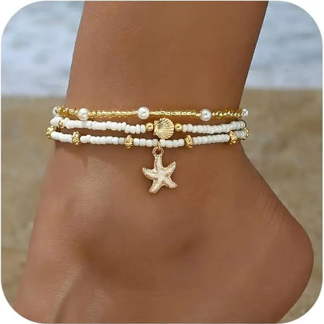 Waterproof Pearl Disc and Starfish Shell Boho Anklet